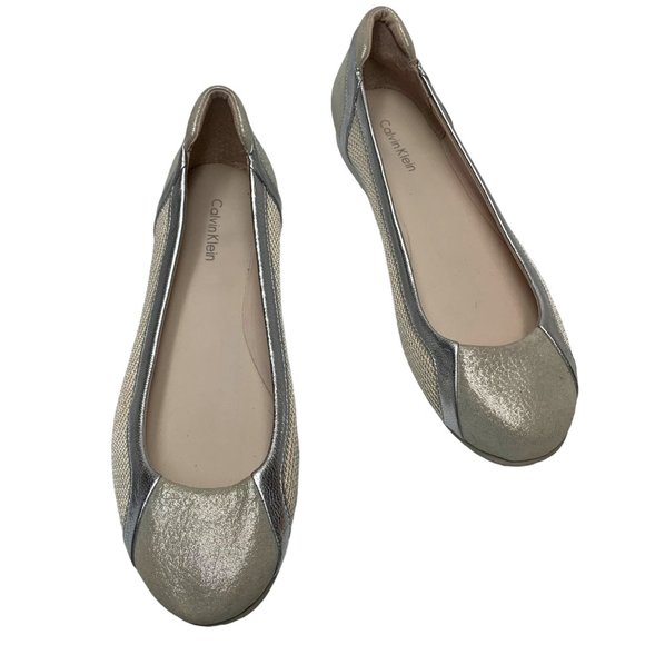 CALVIN KLEIN Starla Silver Leather Tan Mesh Athleisure Flats - Picture 10 of 12